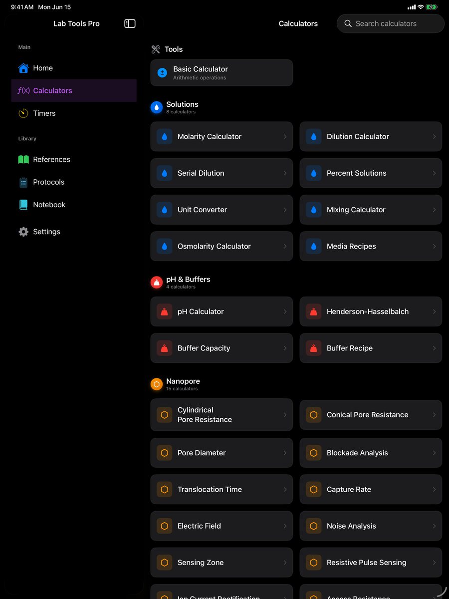 Lab Tools Pro calculator list on iPad