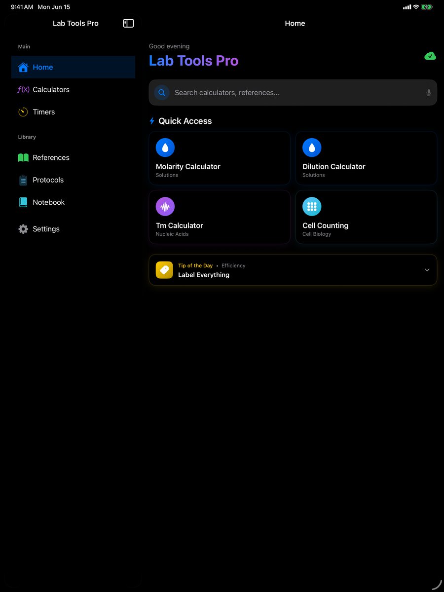 Lab Tools Pro dashboard on iPad showing calculators, protocols, and recent work