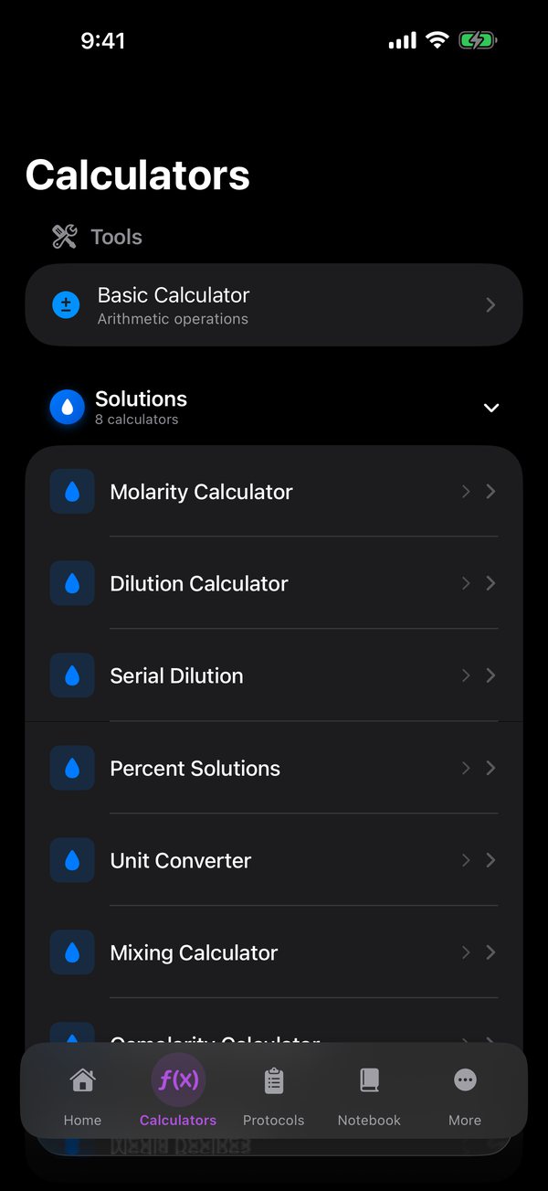Calculators screen in Lab Tools Pro