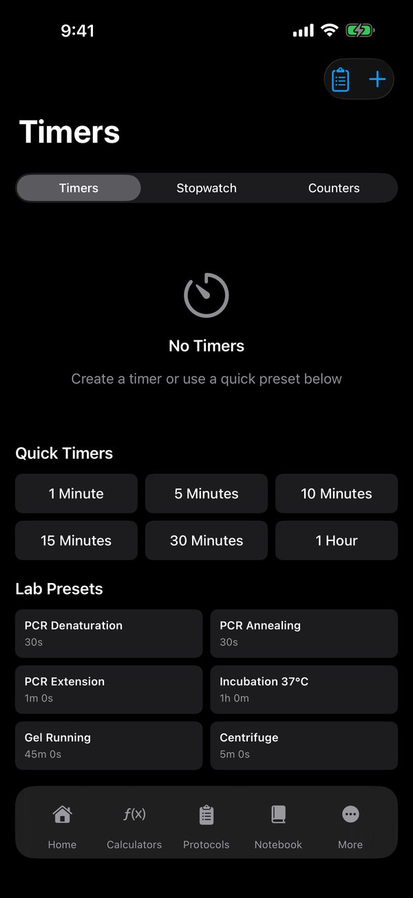 Timer screen in Lab Tools Pro