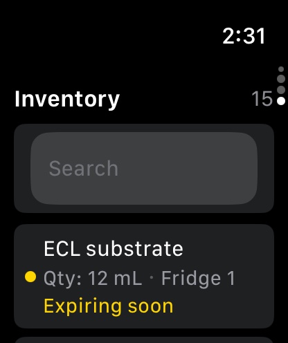 Inventory on Apple Watch showing an ECL substrate that is expiring soon
