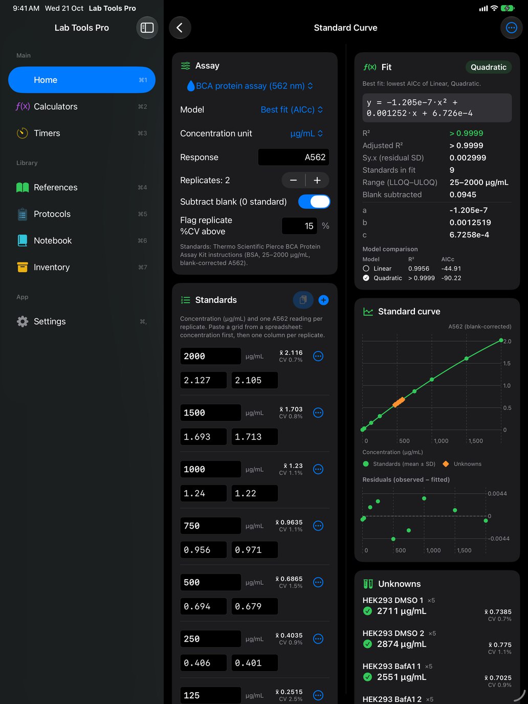 Standard curve analyzer on iPad with assay settings, a standards table and the fitted curve side by side