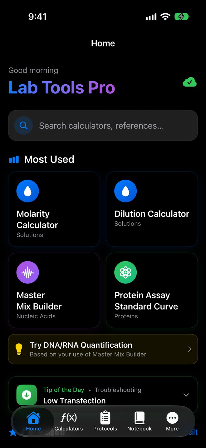 Lab Tools Pro home screen on iPhone with most-used calculators, a tip of the day and favorites