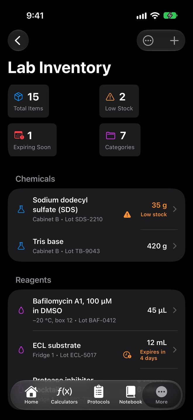 Lab inventory with low-stock and expiring-soon counts and a list of chemicals and reagents
