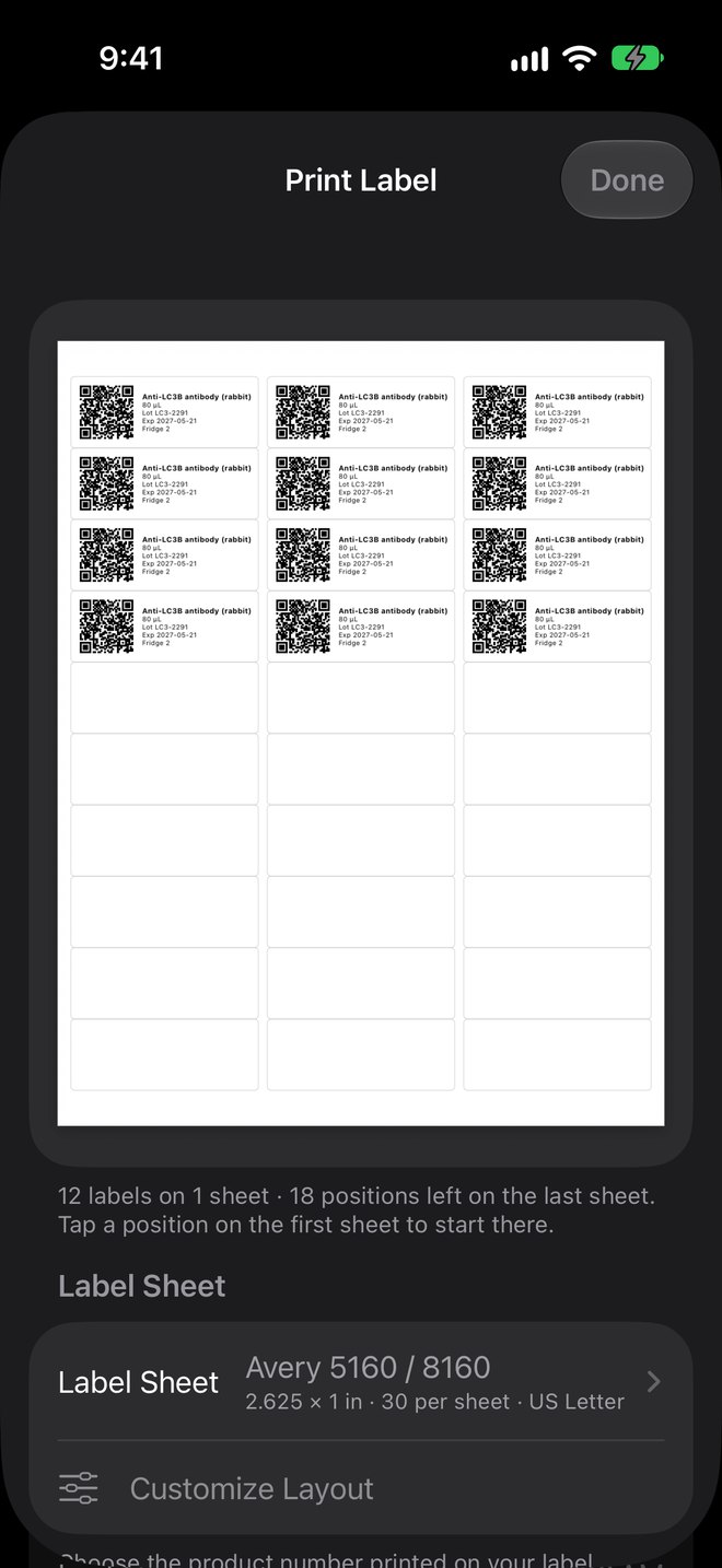 Print Label sheet preview with QR labels on an Avery label sheet