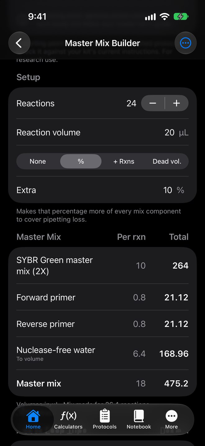 Master Mix Builder for 24 SYBR Green reactions with 10 percent extra volume