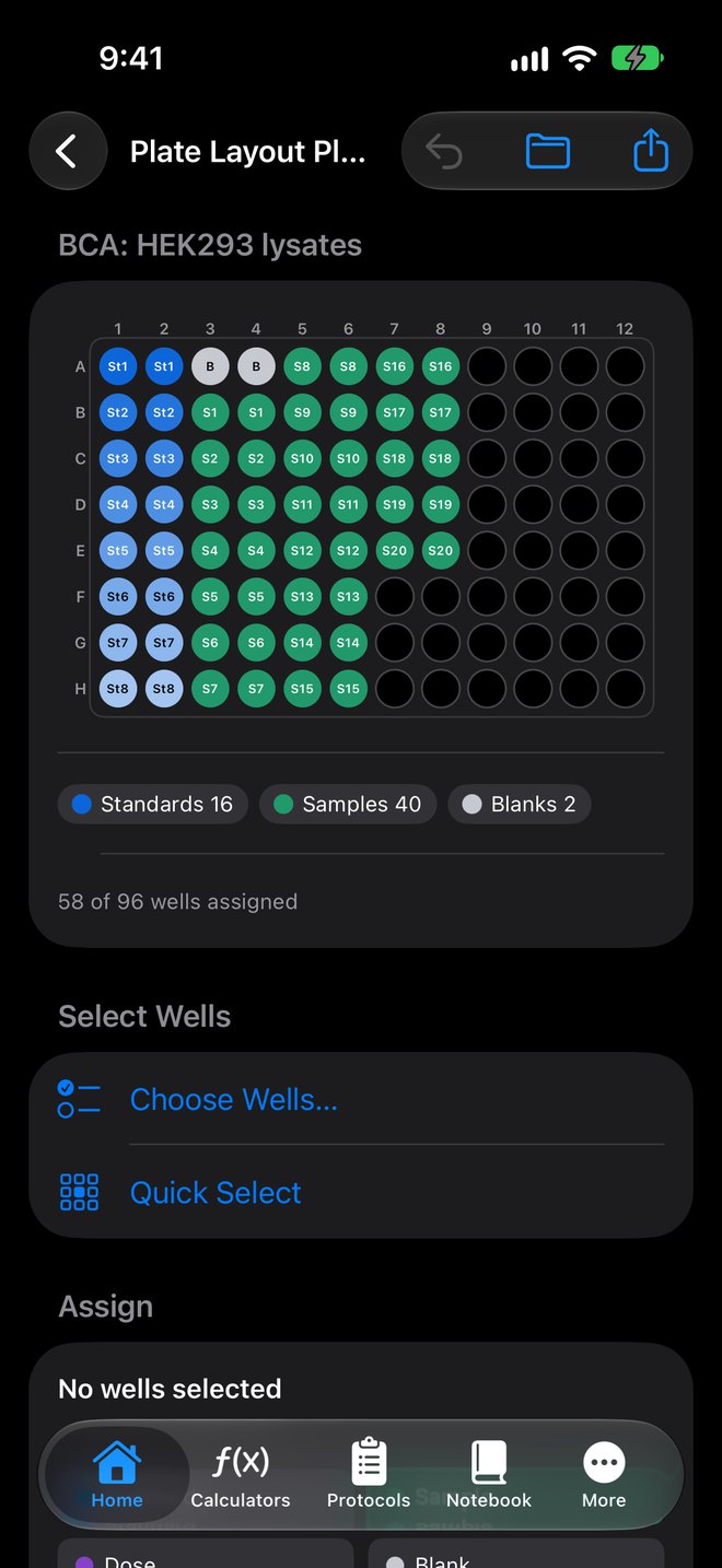 Plate Layout Planner showing a 96-well BCA plate with standards, samples and blanks assigned