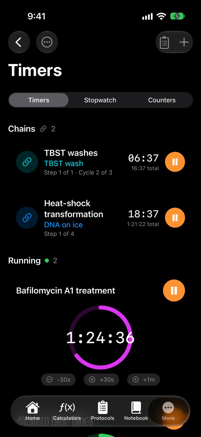 Timers screen with two timer chains and two running timers