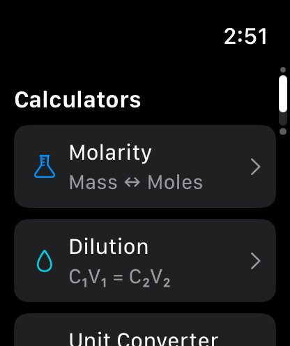 Lab Tools Pro calculator list on Apple Watch